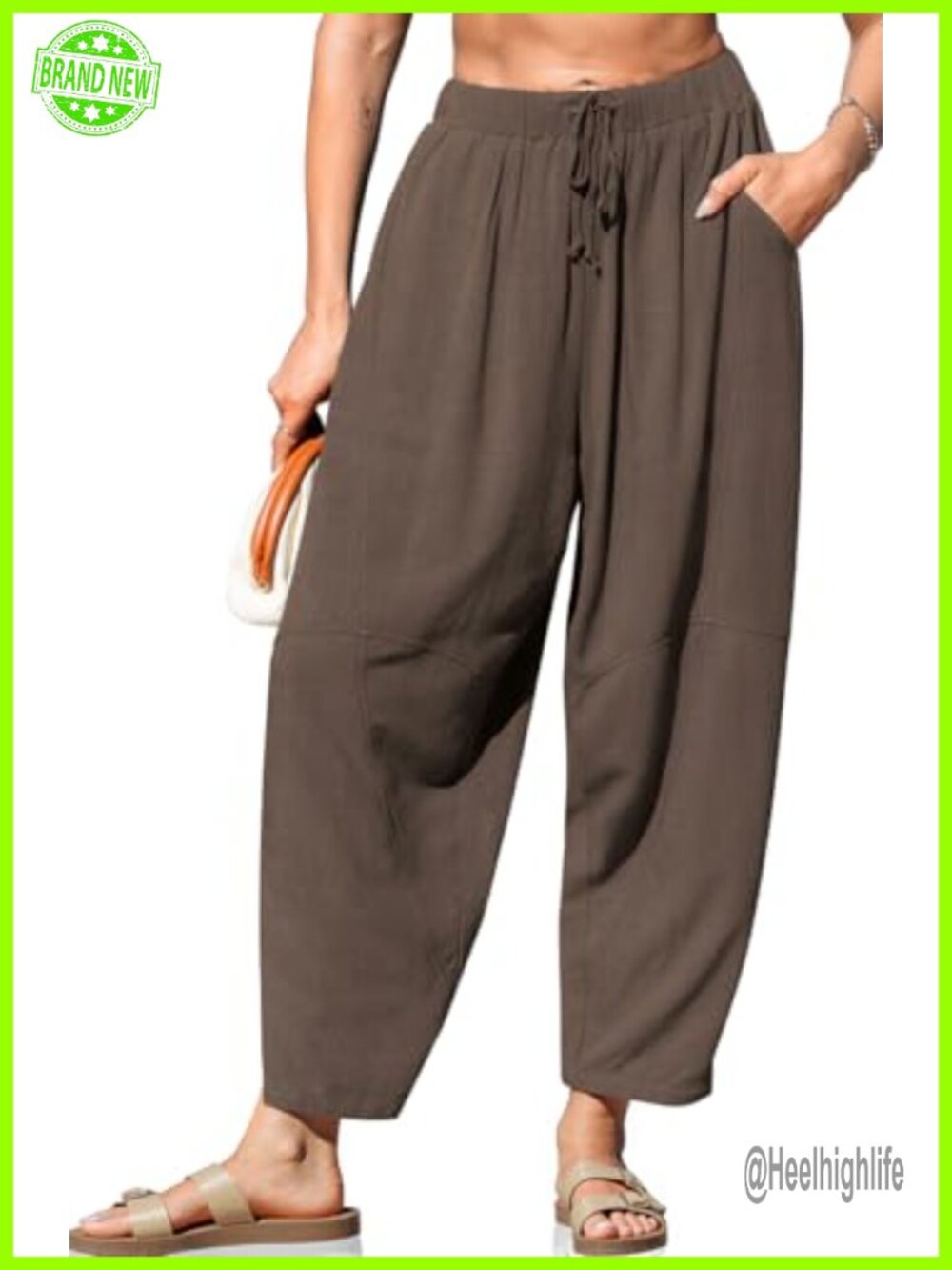 Wide Leg Linen Harem Pants with Pockets Drawstring Elastic Waist